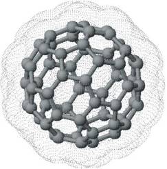 Buckminsterfulleren, sog. Buckyball C60 mit Van-der-Waals-Radien der Kohlenstoffatome